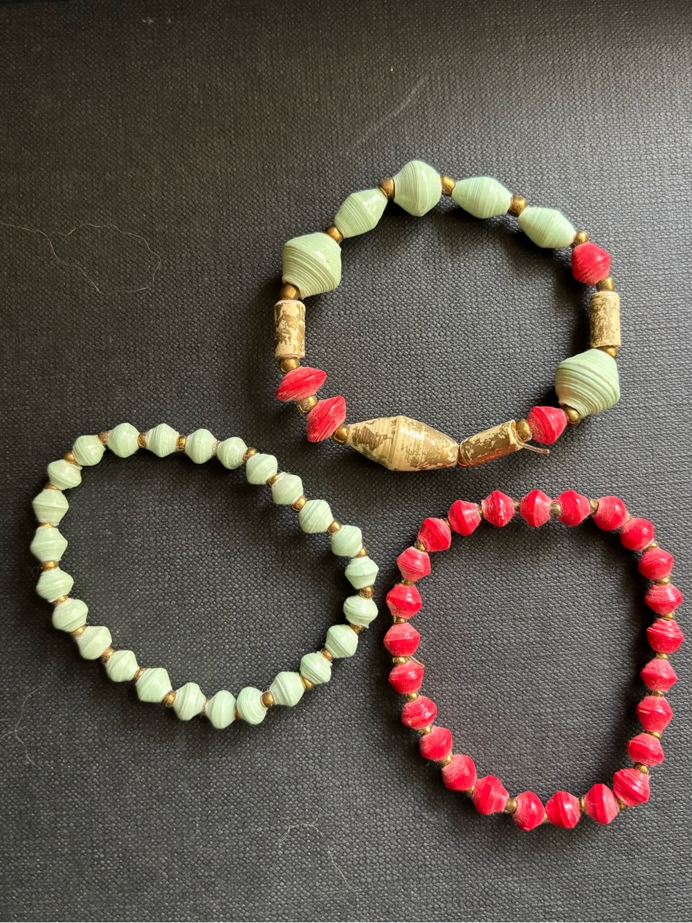 Handmade Red & Green Beaded Stretch Bracelet Set with Gold Accents